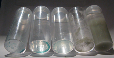a tube with CH4 powder, CH4 deposit in solution, CH4 solution, tube with solid CO2, tube with liquid CO2.